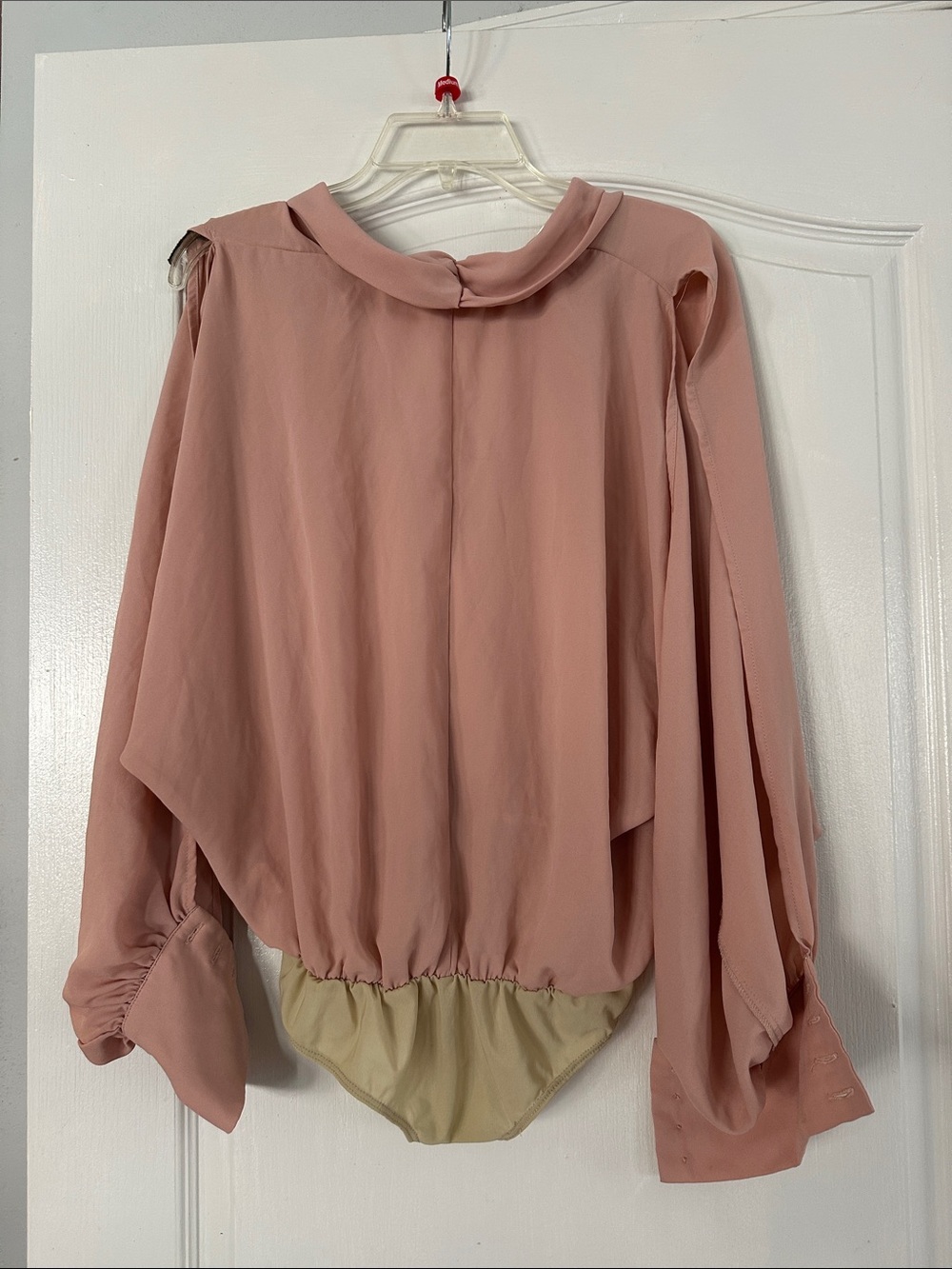 Blush Pink Draped V-Neck Blouse - with slitted sleeves - Picture 4 of 5